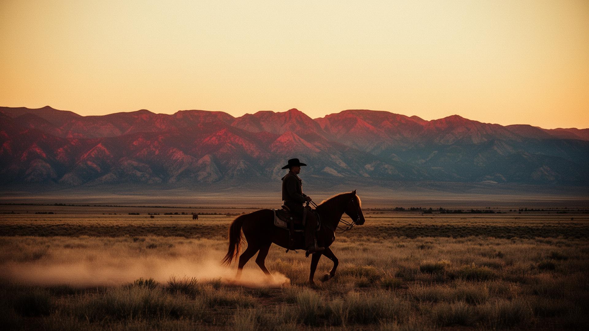 Cowboy on horseback at golden hour with Utah mountains in the distance