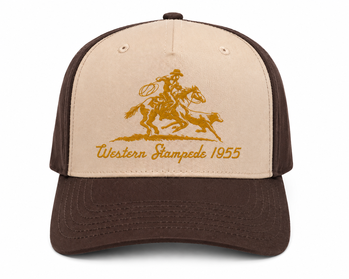Two-tone cream and brown Western Stampede 1955 cap with gold roper embroidery